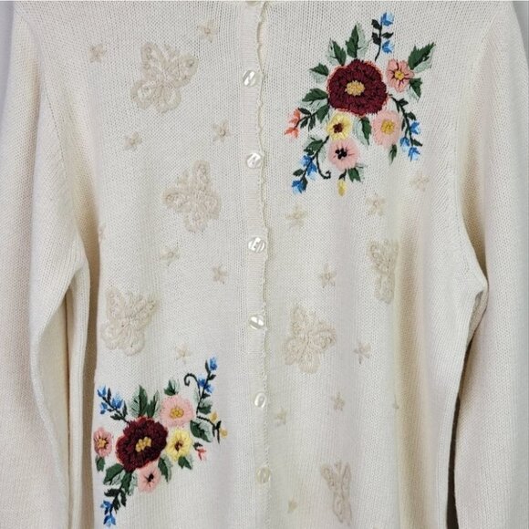 EMBROIDERED Grandma Knit Cardigan Floral Butterfly L Haband Vintage - Picture 3 of 16